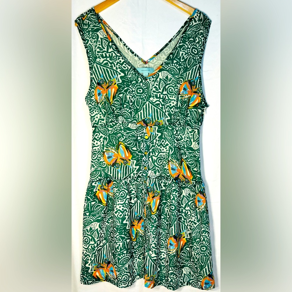 Camilla Tree Green Floral/Butterfly Sleeveless Dress with Zipper Closure Size L.